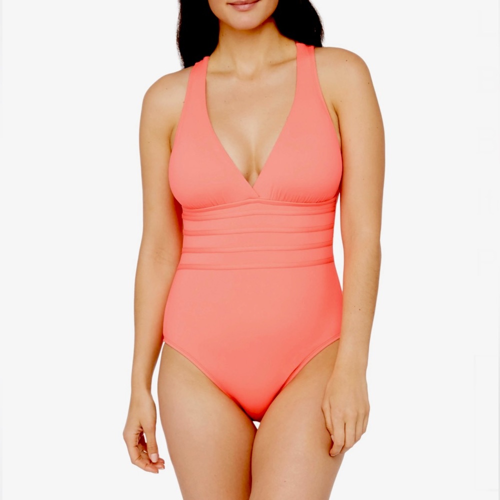 La Blanca Island Goddess Criss Cross Back Strap One Piece Swimsuit Orange 14 NWT